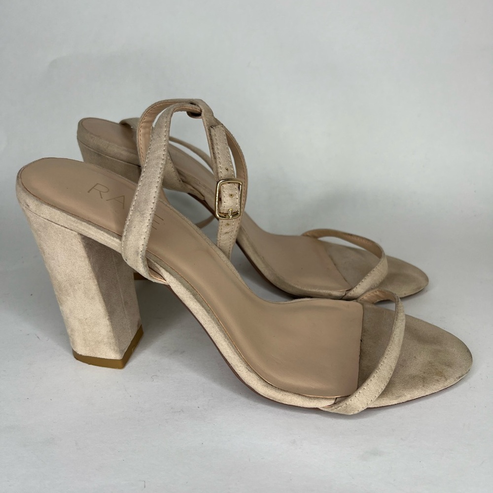 Raye Shoes Heels Women Size 9 Beige Suede Ankle Strap Buckle